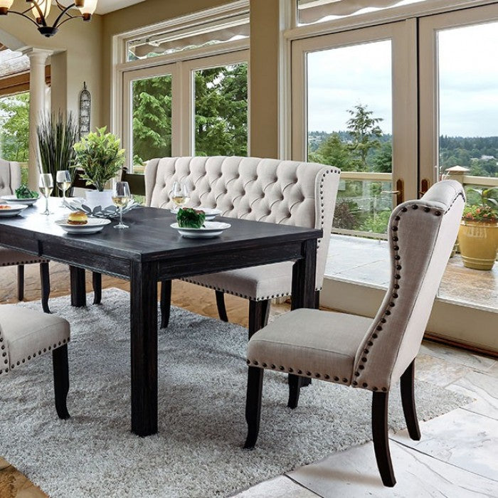 CM3324BK-T-84 6 pc sania i antique black finish wood rustic style dining table set with tufted bench
