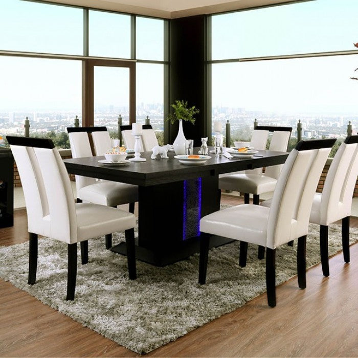 CM3394T-7PC 7 pc Evangeline black finish wood center led frosted glass light pedestal base dining table set