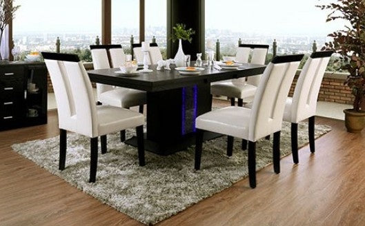 CM3394T-7PC 7 pc Evangeline black finish wood center led frosted glass light pedestal base dining table set