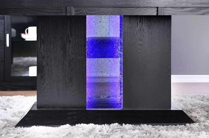 CM3394T-7PC 7 pc Evangeline black finish wood center led frosted glass light pedestal base dining table set