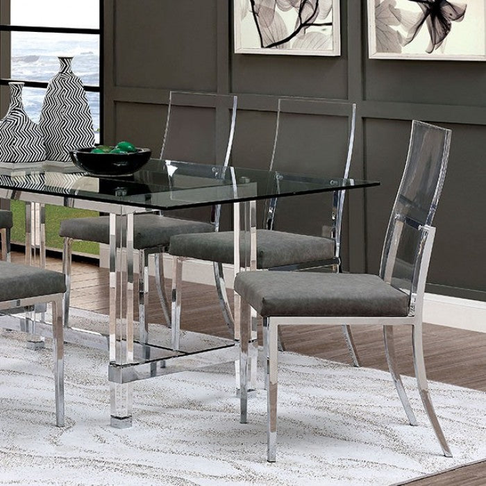 CM3654-T-7PCA 7 pc casper modern style clear glass top and clear acrylic leg dining table set acrylic backs