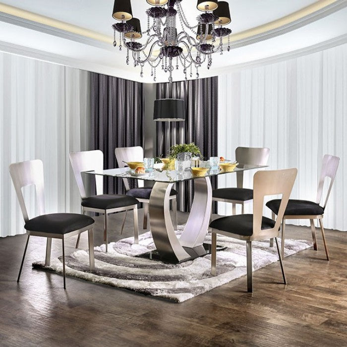 CM3728T-7PC 7 pc Brayden studio wacker nova modern style satin plated metal base glass top dining table set