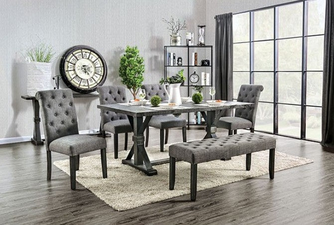 CM3735T-GY-7PC 7 pc One allium way greyleigh alfred rustic black finish trestle base dining table set grey chairs