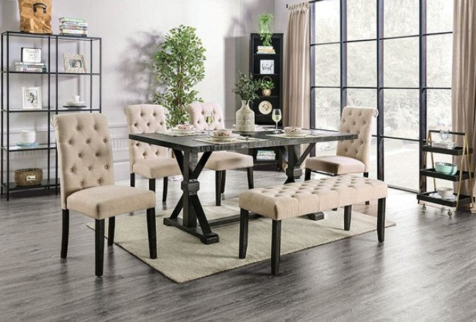 CM3735T-IV-6PC 6 pc One allium way greyleigh alfred rustic black finish trestle base dining table set ivory chairs
