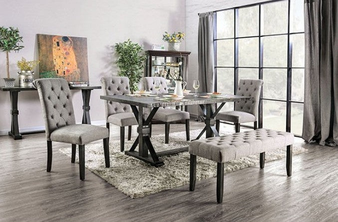 CM3735T-LG-6PC 6 pc One allium way greyleigh alfred rustic black finish trestle base dining table set light grey chairs