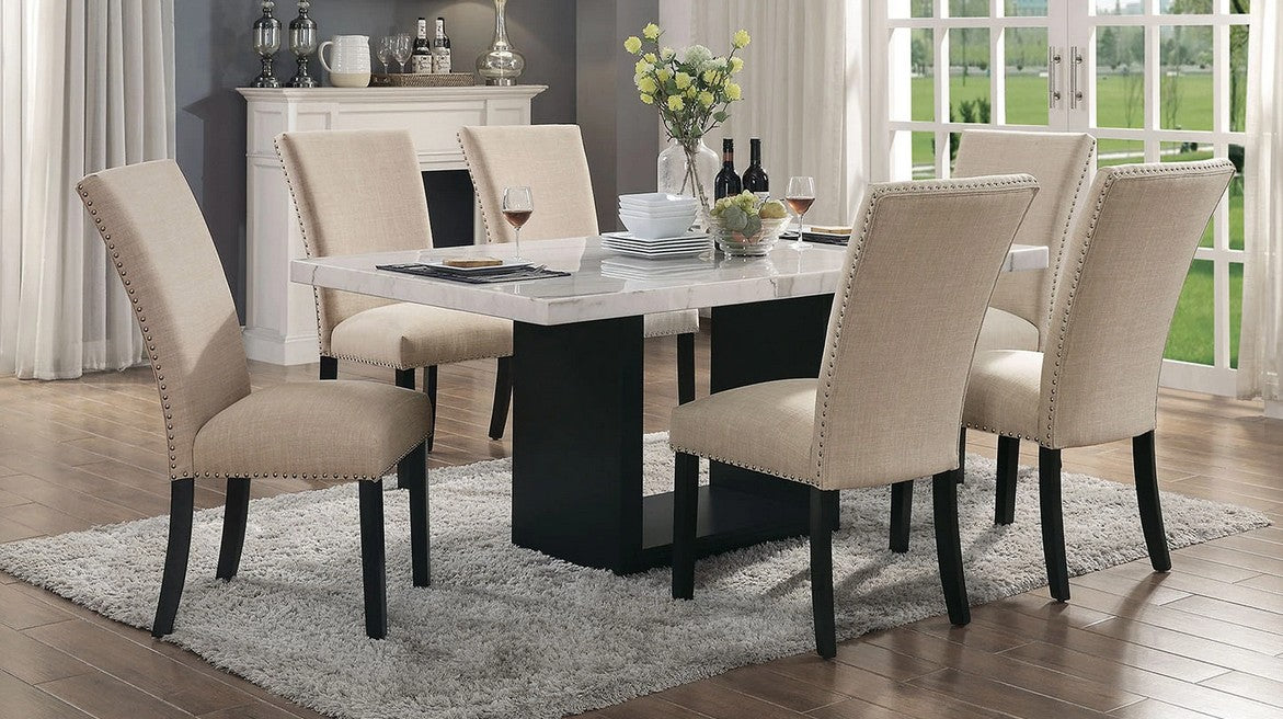 CM3744T-BG 7 pc Canora grey mel kian I black finish wood marble top dining table set beige chairs