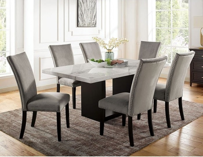 CM3744T-BG 7 pc Canora grey mel kian I black finish wood marble top dining table set beige chairs