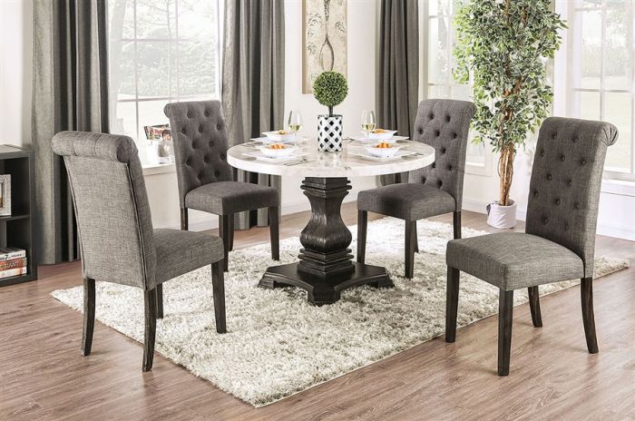 CM3755RT-GY-5PC 5 pc elfredo antique black finish wood 48" round marble top dining table set with grey chairs