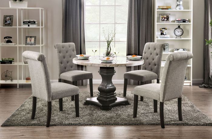CM3755RT-LG-5PC 5 pc elfredo antique black finish wood 48" round marble top dining table set with light grey chairs