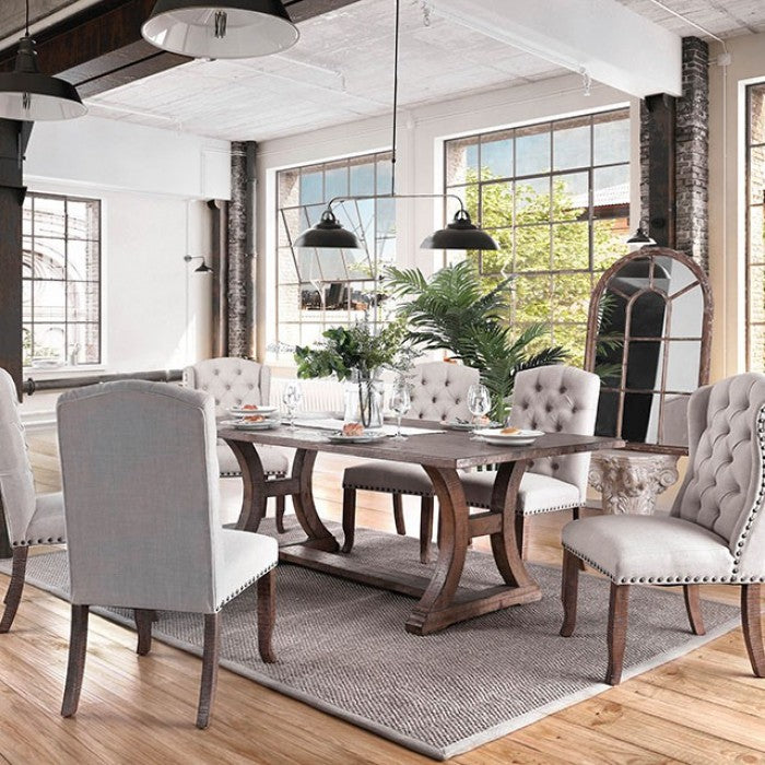 CM3829T-7PC 7 pc Gianna rustic pine finish wood trestle base dining table set