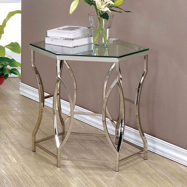 CM4160-E Zola retro modern chrome finish metal clear hexagon shaped glass top end table