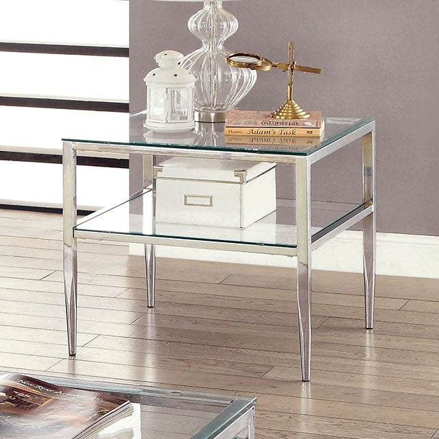CM4162CRM-E Tanika retro modern chrome finish metal Clear glass top and and lower shelf end table