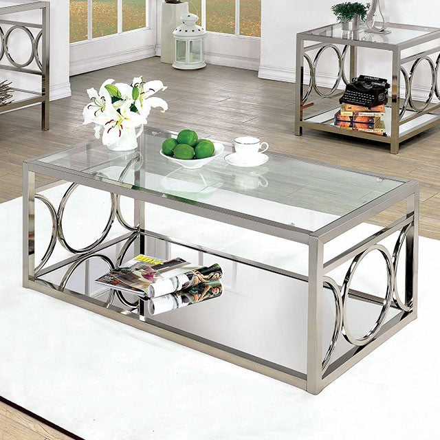 CM4166CRM-C Rylee mid century retro modern chrome finish metal Clear glass top and mirrored bottom shelf coffee table