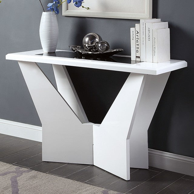 CM4183WH-S Dubendorf white high gloss finish wood with black glass insert top modern sofa entry console table