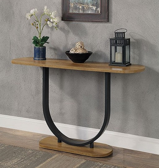 CM4199A-S Olbia rustic oak finish wood sand black metal u shaped frame industrial look sofa entry console table