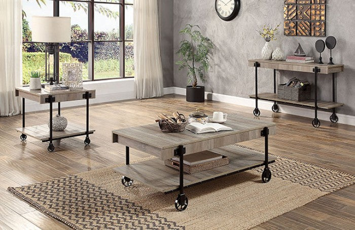 CM4217A-C Lobb natural tone finish wood black metal frame industrial look coffee table with roller wheels