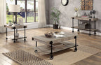 CM4217A-C Lobb natural tone finish wood black metal frame industrial look coffee table with roller wheels