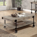 CM4217A-C Lobb natural tone finish wood black metal frame industrial look coffee table with roller wheels