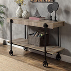 CM4217A-S Lobb natural tone finish wood black metal frame industrial look sofa entry console table with roller wheels