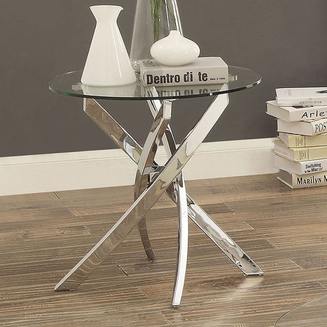 CM4241-E Laila retro modern chrome finish metal clear glass top criss cross shaped base end table