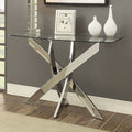 CM4241-S Laila retro modern chrome finish metal clear glass top criss cross shaped base sofa entry console table