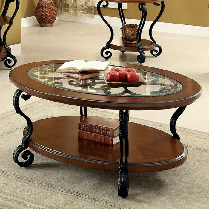 CM4326C Bloomsbury market riston may brown cherry finish wood oval coffee table with glass top