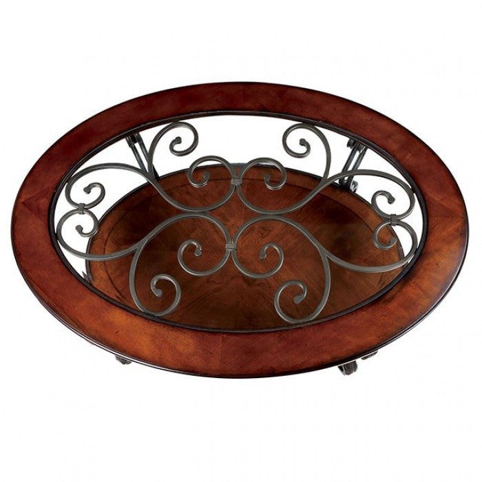 CM4326C Bloomsbury market riston may brown cherry finish wood oval coffee table with glass top