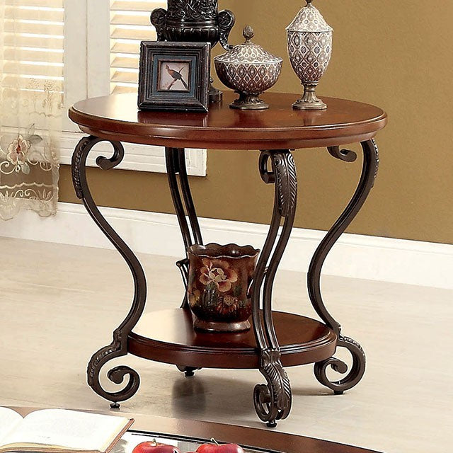 CM4326E Bloomsbury market riston may brown cherry finish wood round end table with wood top