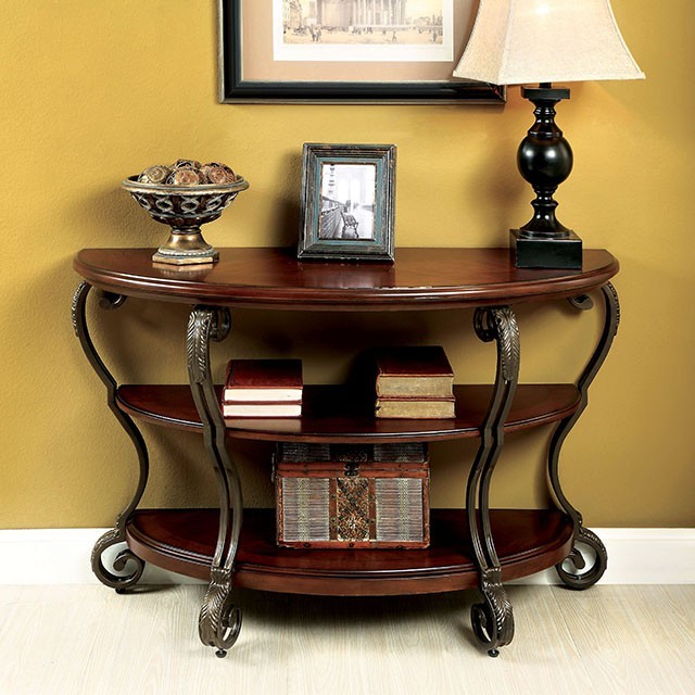 CM4326S Bloomsbury market riston may brown cherry finish wood half moon sofa entry console table