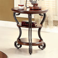 CM4326T Bloomsbury market riston may brown cherry finish wood round end table with glass top and middle shelf