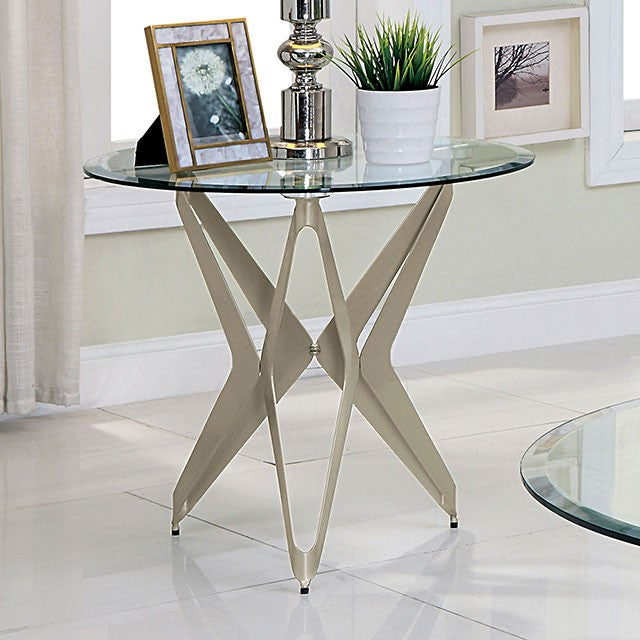 CM4377-E Alvise industrial brushed steel finish metal clear glass top end table