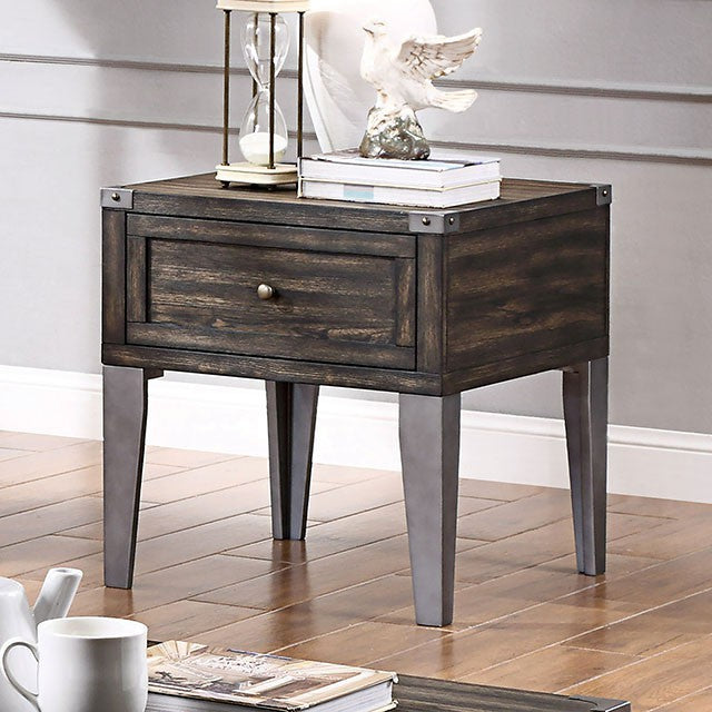 CM4387E Alcott hill Piedmont industrial dark oak finish wood end table with drawer