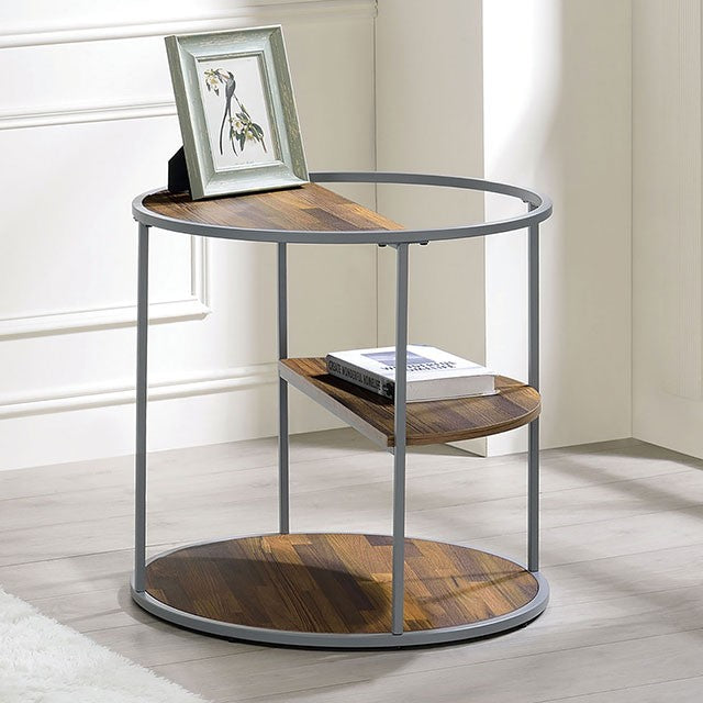 CM4396GY-E Brayden studio jaye orrin grey metal frame walnut finish wood round end table with shelf