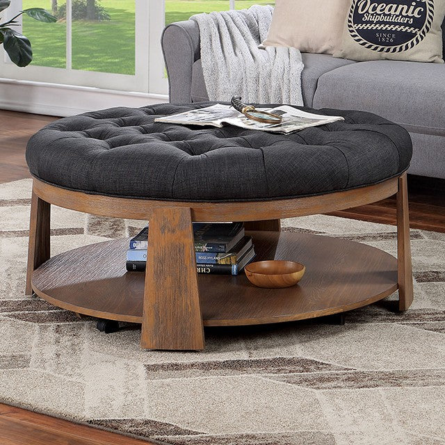 CM4411DG-C Guis natural tone finish wood grey tufted fabric top with lower shelf 40" round coffee table