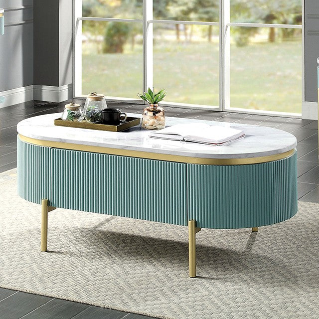 CM4412GR-C Koblenz mid century modern light teal finish and faux marble top with gold accents coffee table with drawer
