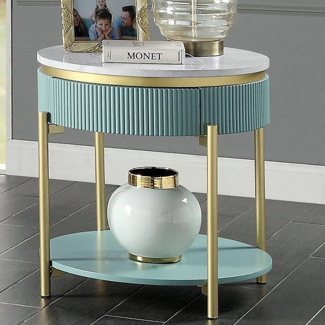 CM4412GR-E Koblenz mid century modern light teal finish and faux marble top with gold accents end table with drawer