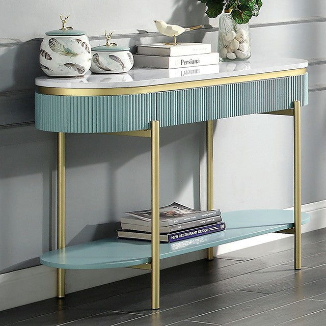CM4412GR-S Koblenz mid century modern light teal finish and faux marble top with gold accents sofa entry console table with drawer