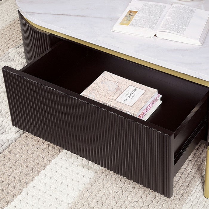 CM4412WN-C Koblenz mid century modern dark walnut finish and faux marble top with gold accents coffee table with drawer