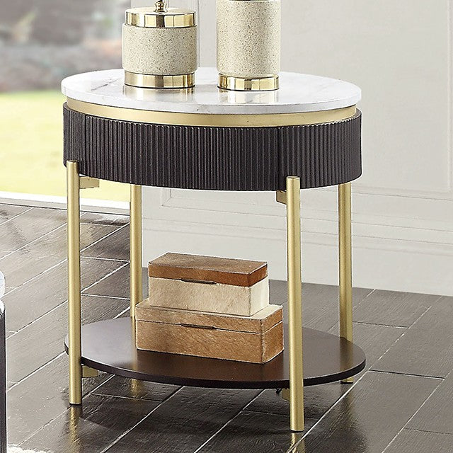 CM4412WN-E Koblenz mid century modern dark walnut finish and faux marble top with gold accents end table with drawer