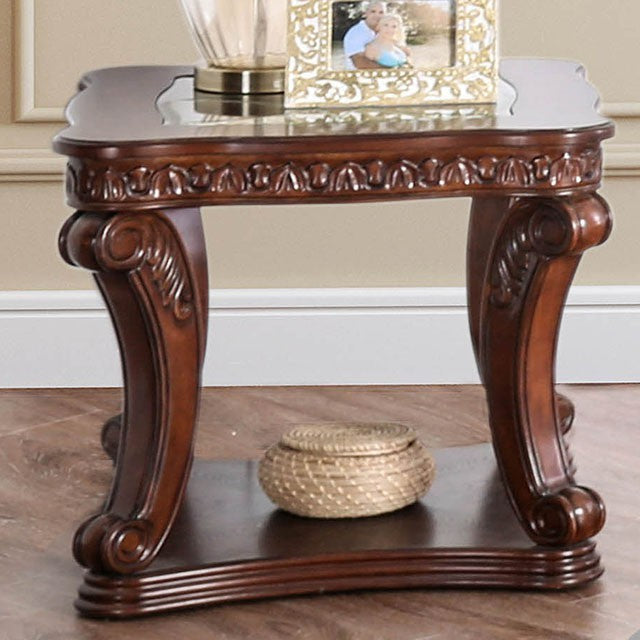 CM4428E Astoria grand rowlett walworth dark oak finish wood end table with decorative glass top