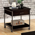 CM4499E Union rustic padova wasta dark oak finish wood end table with drawer and metal frame