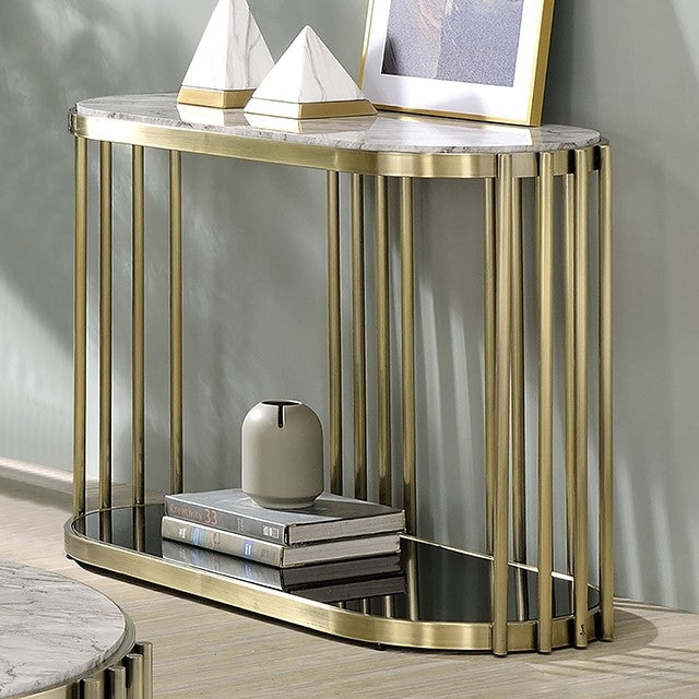 CM4558-S Ofelia mid century retro modern antique brass finish metal oval faux marble black glass lower shelf sofa entry console table