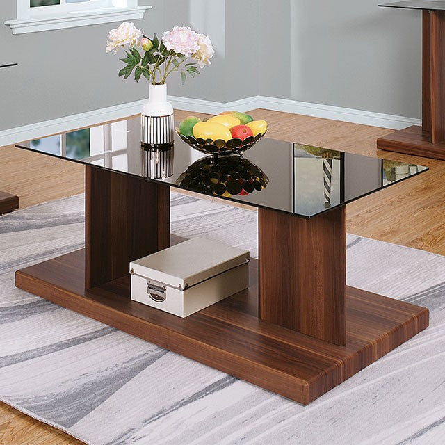 CM4567A-C Ebern designs Mannedorf dark walnut finsh wood coffee table with black glass top