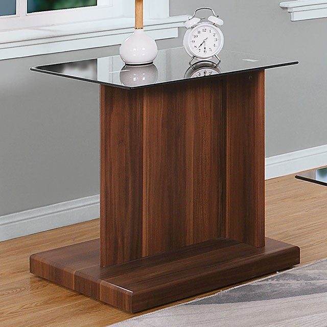 CM4567A-E Ebern designs Mannedorf dark walnut finsh wood end table with black glass top