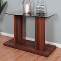 CM4567A-S Ebern designs Mannedorf dark walnut wood tone finish sofa console entry table with black glass top