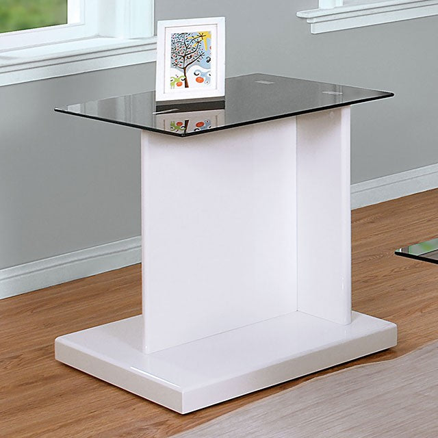 CM4567WH-E Ebern designs Mannedorf white finsh wood end table with black glass top