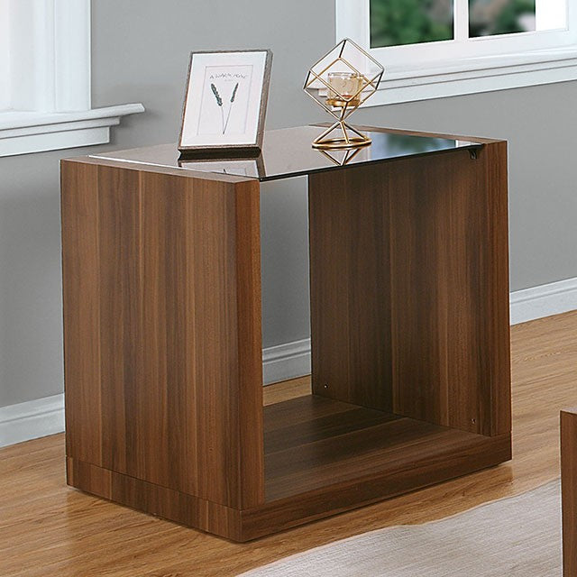 CM4568E Ebern designs Langenthal dark walnut wood tone finish end table with black glass top