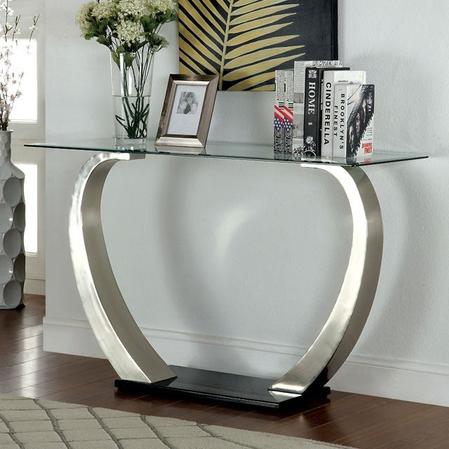 CM4728-S Roxo retro modern chrome finish metal Clear glass top "C" shaped base sofa entry console table