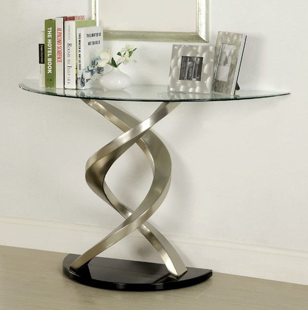 CM4729-S Nova retro modern chrome finish metal clear half circle glass top swirl shaped base sofa entry console table