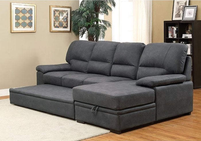 CM6908BK 2 pc Alcester graphite grey faux nubuck fabric sectional sofa set with storage chaise pull out sleep area